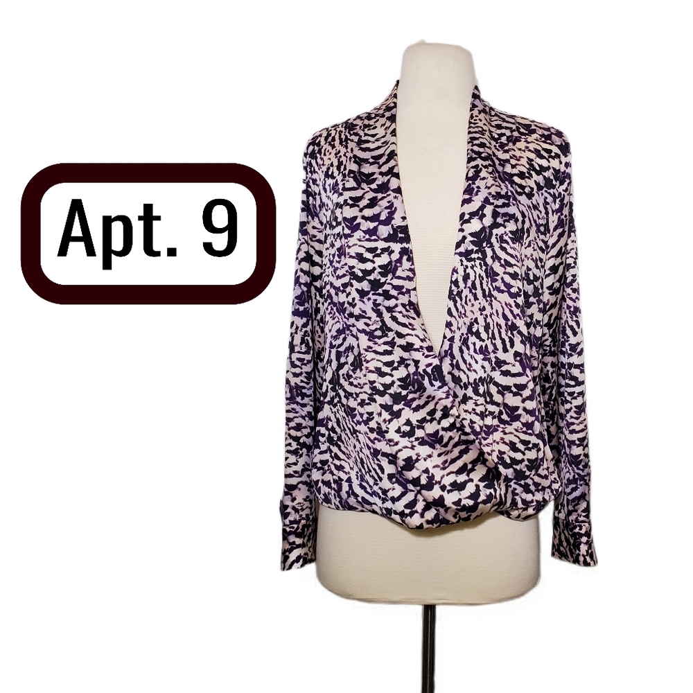 Apt. 9 Women Tops Leopard Animal Print Blouse Purple Brown Cream Long Sleeve Top